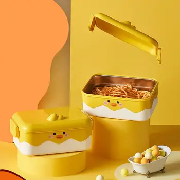 900 МЛ Ланч-бокс Cute Cartoon Duck Thermal Bento Box Из нержавеющей стали Герметичный Портативный Контейнер для Бенто для школьников