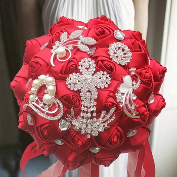 1 шт./лот Красная свадебная невеста с цветами в руках, искусственный букет, лента, горный хрусталь, жемчужный букет, украшение для танца жениха и невесты