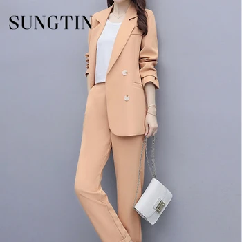 Sungtin/ комплект из 2 предметов, женский костюм, блейзер и брюки, однотонный блейзер с длинным рукавом, длинные брюки-карандаш с высокой талией, профессиональная одежда для женщин 0