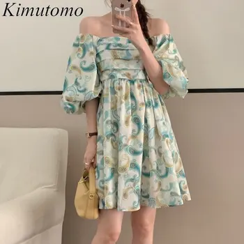 Kimutomo Элегантное винтажное контрастное платье с цветочным рисунком, женское платье с нежными складками на шее, рукава-фонарики, платья с высокой талией, Ins