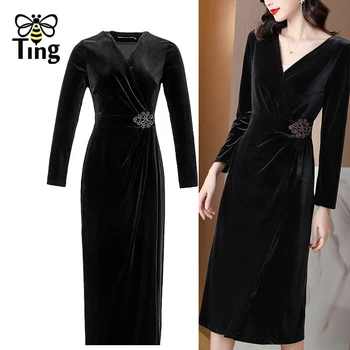 Tingfly 2022, Весенняя новинка, расшитое бисером Черное бархатное Офисное женское платье длиной до колен, Винтажное Элегантное Тонкое Повседневное платье Большого размера, Vestidos Zaful 0