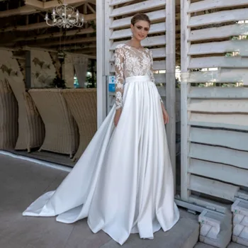 Мягкое атласное свадебное платье Aline с длинными рукавами и кружевными аппликациями, Винтажное свадебное платье с поясом, свадебное платье принцессы, большие размеры