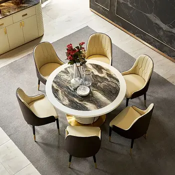 Роскошный постмодернистский обеденный стол из мрамора на 8 персон диаметром 59 дюймов, Круглый, на 8 персон