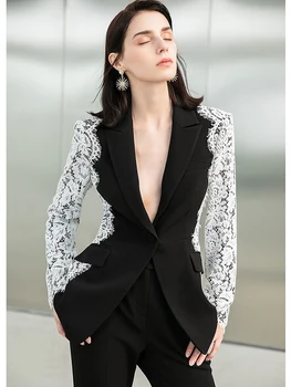 Черные блейзеры с кружевным рукавом для женщин Свадьбы 2023 Новая мода Slim Fit Пальто с кружевной вставкой на одной пуговице, костюм, официальный блейзер