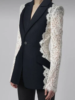 Черные блейзеры с кружевным рукавом для женщин Свадьбы 2023 Новая мода Slim Fit Пальто с кружевной вставкой на одной пуговице, костюм, официальный блейзер 1