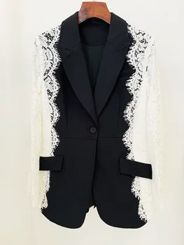 Черные блейзеры с кружевным рукавом для женщин Свадьбы 2023 Новая мода Slim Fit Пальто с кружевной вставкой на одной пуговице, костюм, официальный блейзер 2