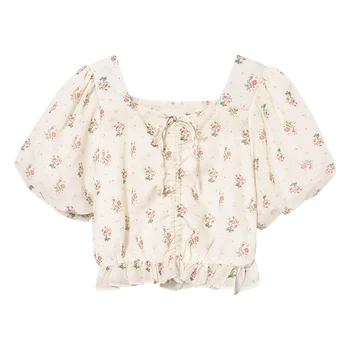 Летняя шифоновая рубашка с коротким рукавом на шнурке с цветочным рисунком и шнуровкой, женская шифоновая рубашка с коротким рукавом