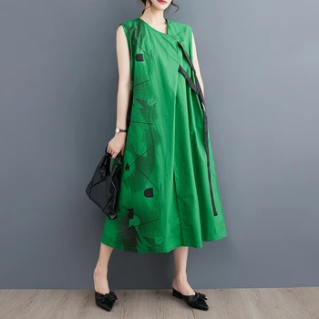 2023 Новое поступление, хлопковое платье-майка с цветочным принтом в стиле пэчворк в Корейском стиле, шикарное летнее платье без рукавов, модное женское повседневное платье миди