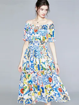 Богемное летнее сине-белое фарфоровое платье Миди с цветочным принтом, женское платье с открытыми плечами, коротким рукавом, эластичным поясом, платье для подиума