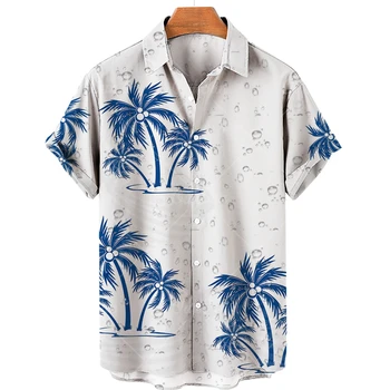 Гавайская рубашка с принтом кокосовой пальмы, V-образный вырез, пуговица в одно слово, короткий рукав, повседневная модная свободная рубашка в пляжном стиле 5xl