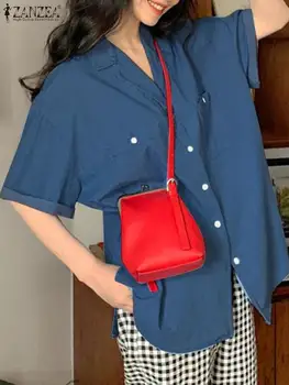 ZANZEA Блузка с короткими рукавами и карманами, модные однотонные Джинсовые рубашки с отворотом в стиле BF, Корейская модная женская сорочка оверсайз