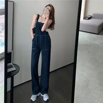 Женские джинсовые подтяжки на весну и осень 2023, новая корейская версия, свободная, с высокой талией, облегающий комбинезон с широкими штанинами.