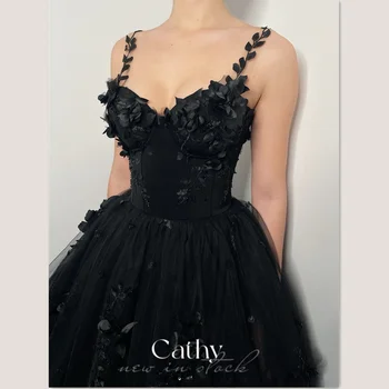 Платье для выпускного вечера Cathy с кружевной вышивкой ручной работы 2023, готические вечерние платья, вечернее платье с 3D цветами, черный тюлевый шлейф со стреловидным шлейфом.