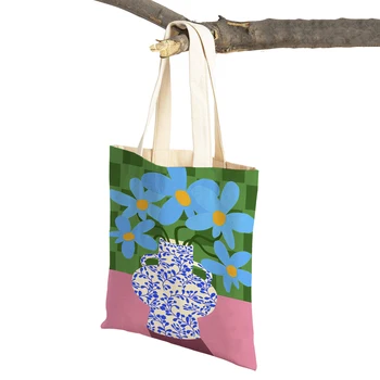 Розовая цветочная рыночная ваза с цветочным растением, женские сумки для покупок, повседневная сумка для покупок с двойным принтом, женская холщовая сумка-тоут, дорожная сумка с листьями