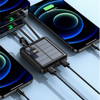 20000 мАч Портативный банк солнечной энергии Для зарядки Poverbank для iPhone 14 Xiaomi Внешнее зарядное устройство Сильная светодиодная подсветка Двойной USB 3