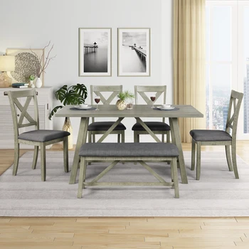 Обеденный стол из 6 частей, Деревянный Обеденный стол и стул, Кухонный стол со столом, Скамейкой и 4 Стульями, Деревенский стиль, Серый 1
