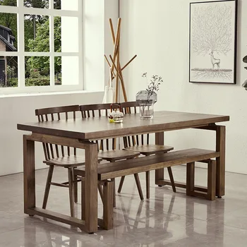 Обеденный стол из массива дерева в скандинавском стиле, столовая на вилле, ретро-прямоугольный обеденный стол и стул для нескольких человек