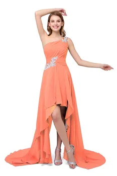 Распродажа, женское платье с высокой и низкой ценой, летний стиль, вечерние платья с аппликацией на одно плечо, дешевое шифоновое вечернее платье Vestido Mujer