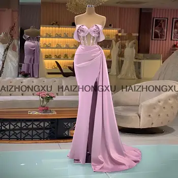 Розовое вечернее платье с открытыми плечами, Русалка с иллюзией торфа, вечерние платья для женщин, платье для выпускного вечера с высоким разрезом, расшитое бисером