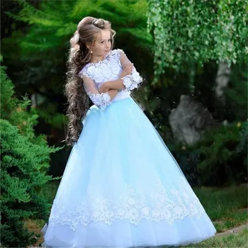 Вечерние платья Lovely Princess небесно-голубого цвета с белым кружевом для гостей свадьбы, платье с цветочным узором на спине и рукавом в семь точек