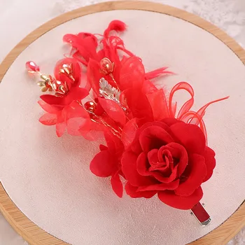 Корейская цветочная заколка с Розовым пером и листьями, Хрустальная шпилька, Очаровательный Головной убор, Новогодние Красные украшения для волос BN