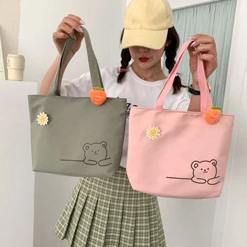 Женская холщовая сумка на молнии с милым медведем, студенческая сумка-тоут в элегантном стиле, маленькая холщовая сумка-ранец, дорожная сумочка, сумочка