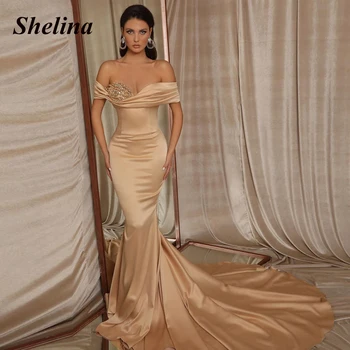 Shelina, Очаровательные вечерние платья из атласа с открытыми плечами, 2023, Вечерние платья с открытой спиной, сшитые по индивидуальному заказу