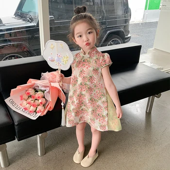 Летние платья для девочек с цветочным узором, платья для девочек, Детское платье в китайском стиле, Одежда для малышей для девочек