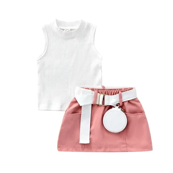 Детская летняя юбка для новорожденных девочек, однотонные топы без рукавов, повседневная мини-юбка с карманами и комплект с поясной сумкой