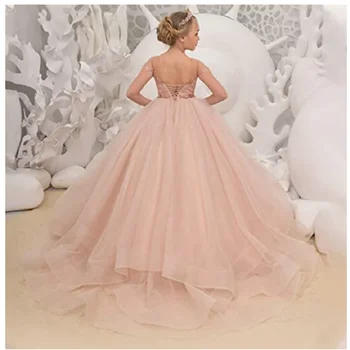 Элегантное розовое бальное платье с цветочным узором для девочек на свадьбу, кружевные аппликации принцессы, Длинные платья для Первого причастия, Платья на День рождения