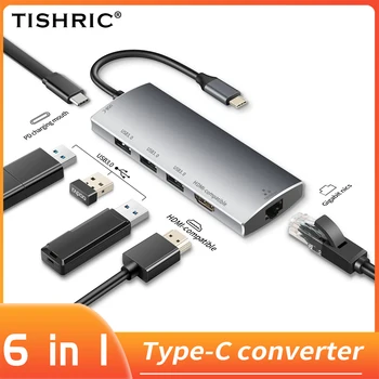 TISHRIC 6 В 1 Type C Мультиразветвитель Адаптер RJ45 100/1000 М PD VGA USB 3,0 USB C КОНЦЕНТРАТОР Док-станция для Macbook Pro/Air/Huawei Mate/Lenovo 1