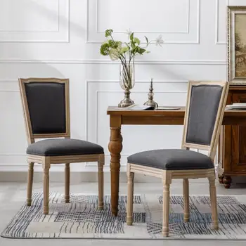 Набор из 2-х обеденных стульев из цельного дерева в французском стиле с античной росписью, Льняная ткань, Квадратная ротанговая спинка, обеденный стул для ресторанной мебели 0