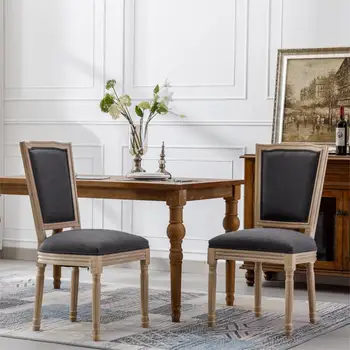 Набор из 2-х обеденных стульев из цельного дерева в французском стиле с античной росписью, Льняная ткань, Квадратная ротанговая спинка, обеденный стул для ресторанной мебели 1