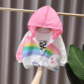 Летняя куртка для девочек, детская летняя тонкая солнцезащитная одежда с кондиционером, пальто с капюшоном с рисунком радуги на молнии от 0 до 5 лет