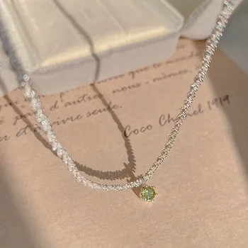 Ожерелье из серебряной пластины, ожерелье с зеленым цирконом, Сверкающие простые роскошные сладкие украшения для женщин, Регулируемая длина