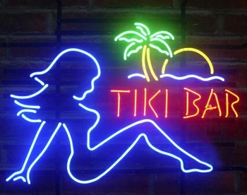 Стеклянная неоновая световая вывеска пивного бара Tiki Bar Girl на заказ