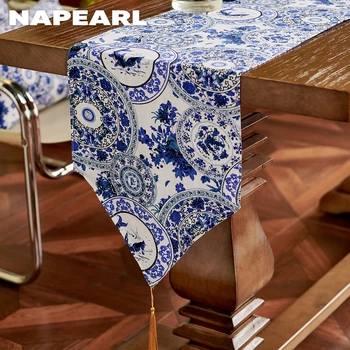 NAPEARL, голубая настольная дорожка с цветочным принтом, декоративная кисточка ручной работы для обеденного стола, кухня, 1ШТ