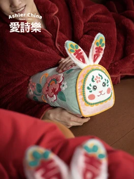 Китайская подушка-колонна Joyful Rabbit Цилиндрическая Наволочка С вышивкой в форме Животного Чехол для подушки Украшение Дома Поясная подушка