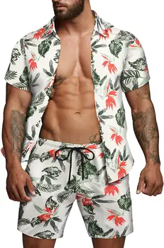 Мужские комплекты с модным принтом, повседневная рубашка с лацканами и коротким рукавом, пляжные шорты, комплект для летних каникул, гавайские костюмы, рубашки и брюки