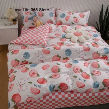 Ins Розово-персиковое стеганое одеяло с двусторонним рисунком в шахматном порядке Cartooon, постельное белье с милым кроликом, простыня для общежития с наволочкой