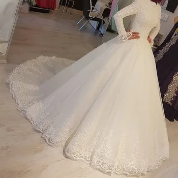 Мусульманские кружевные свадебные платья с аппликацией, роскошное свадебное платье длиной до пола с длинным рукавом, потрясающие женские платья, сшитые заказчиком