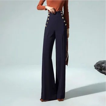 Новые женские брюки с высокой талией, широкие брюки с вертикальными прямыми штанинами и двубортные брюки для зауженного костюма