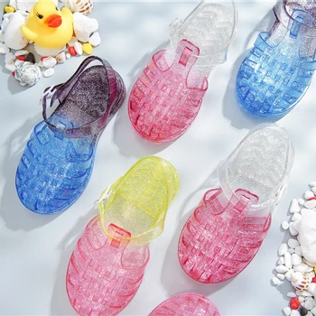 Детская обувь, сандалии римской принцессы для девочек, детская обувь с градиентным блеском и кристаллами, летние детские полые водонепроницаемые пляжные сандалии 2021 года.