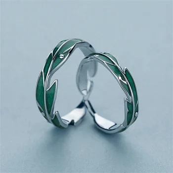 Новые модные кольца с зелеными листьями для женщин, мужчин, влюбленных Навсегда, Серебряное Открытое кольцо для новобрачных, Обручальные украшения
