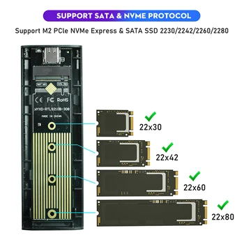 НОВЫЙ M.2 NVME PCIe NGFF SATA к USB 3.1 SSD Корпус Алюминиевый Адаптер Для 2230 2242 2260 2280 NVMe/SATA M2 SSD RTL9210B Двойной Протокол 4