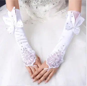 Женские длинные атласные Перчатки без пальцев, расшитые бисером и пайетками, Свадебные аксессуары для новобрачных, женские перчатки с бантом