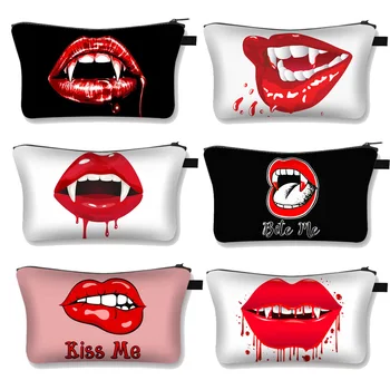 Красная косметичка с принтом губ вампира, женская косметичка bite Kiss Me, сумки для хранения губной помады, сумки на молнии, Милые туалетные сумки в подарок