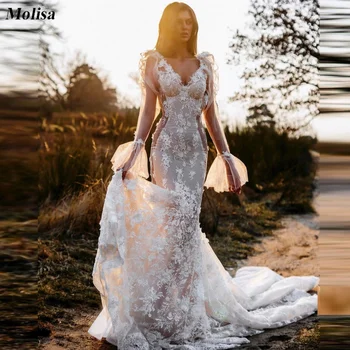 Свадебное платье с расклешенными рукавами и V-образным вырезом, 3D цветочные аппликации, платья невесты Русалки для женщин 2023, бесплатная доставка, свадебное платье по всей стране