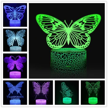 Бабочка 3D Иллюзионная лампа 7/16 цветов, меняющая сенсорный датчик, Дистанционное животное, светодиодный ночник, Декор для спальни, Подарки для девочек и детей