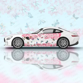 Наклейки на кузов с розовыми цветами и бабочками Виниловая наклейка Itasha на боковую сторону автомобиля, наклейка на кузов автомобиля, наклейки для украшения автомобиля 5
